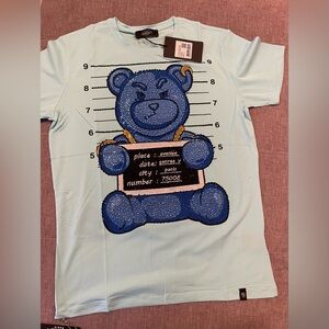 Avenue George V Paris T-shirt Teddy bear rhinestone Men’s Luxury Blue Shirt NWT